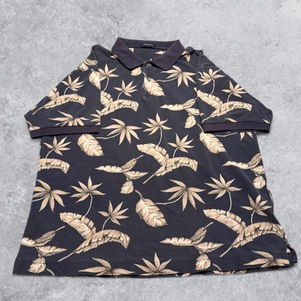 Vintage Nautica Tropical Leaf Pattern Polo Shirt Mens Navy Tan Hawaii Surf